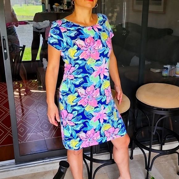 VEUC Sz M LP S/S Navy Pink Yellow Green Dress - Picture 2 of 11